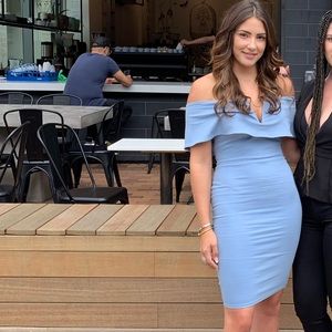 baby blue off the shoulder midi dress